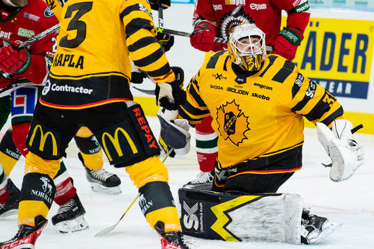 Skellefteås målvakt Strauss Mann fokuserar på pucken i