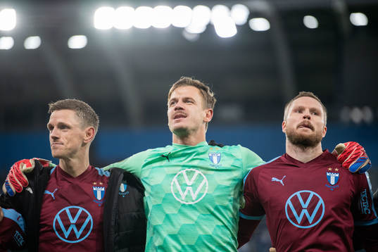 Malmö FFs Sören Rieks, målvakt Johan Dahlin och Lasse