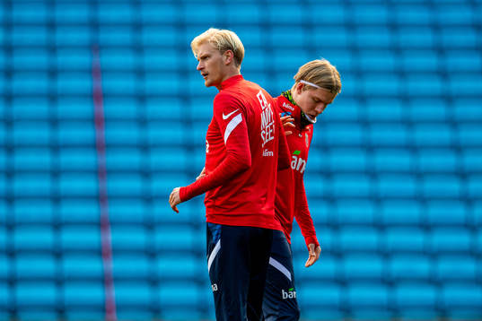 Morten Thorsby and Jens Petter Hauge of the Norwegian
