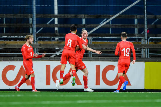 Schweiz Bradley Fink jublar med lagkamrater