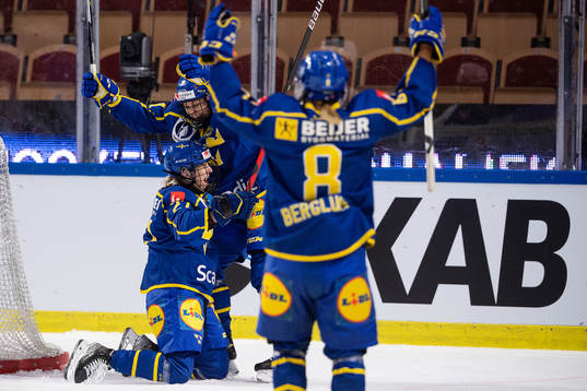 Emma Nordin and Josefin Bouveng of Sweden celebrate scoring