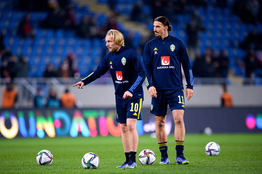 Emil Forsberg and Zlatan Ibrahimovic of Sweden