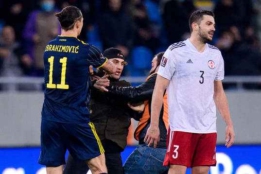 A pith invader next to Zlatan Ibrahimovic of Sweden