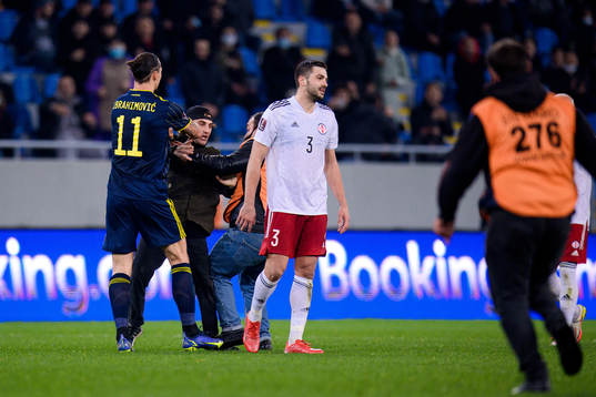 A pith invader next to Zlatan Ibrahimovic of Sweden