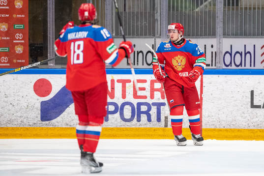 Alexander Pashin of Russia celebrates scoring 1-0