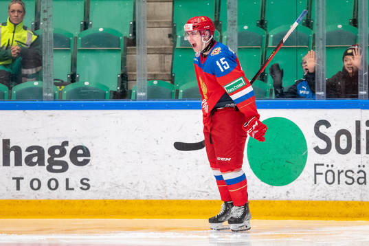 Ivan Didkovsky of Russia celebrates scoring 3-1