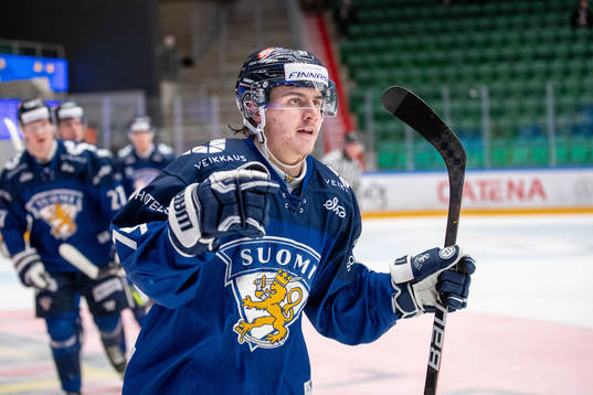 Juuso Mäenpää of Finland celebrates scoring 3-2