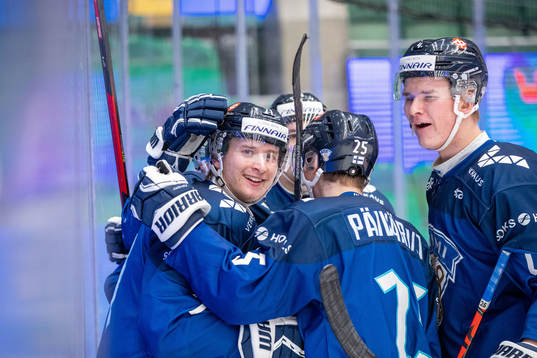 of Finland Iivari Säkkinen celebrates scoring 4-3