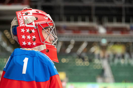 Goalkeeper Maxim Motorygin of Russia