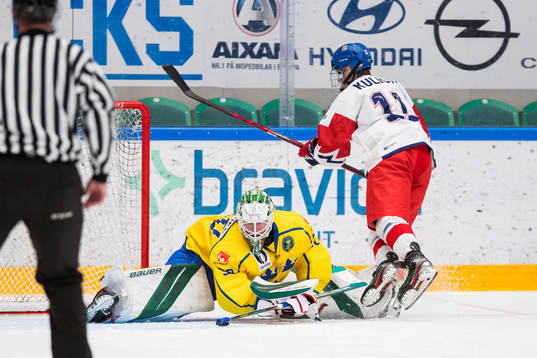 Goalkeeper Calle Clang of Sweden and Jiri Kulich of Czech