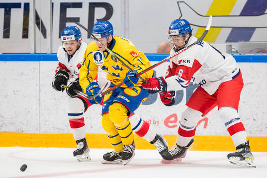 Filip Barklund of Sweden inn action with Lukas Stehlik and