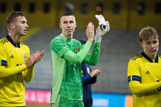 Goalkeeper Samuel Brolin of Sweden celebrates
