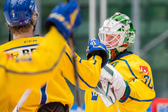 Goalkeeper Calle Clang of Sweden celebrates