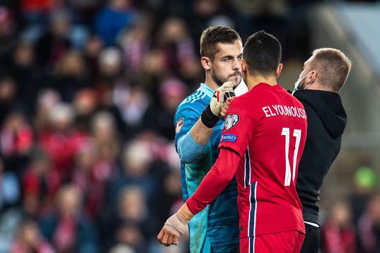 Goalkeeper Roberts Ozols of Latvia and Mohamed Elyounoussi