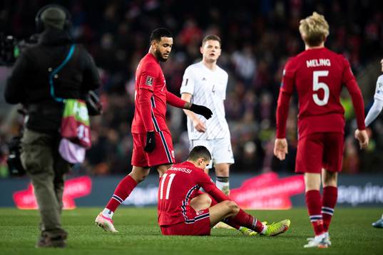 Joshua King and Mohamed Elyounoussi of Norway look dejected