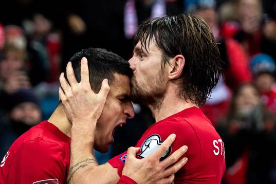 Mohamed Elyounoussi and Stefan Strandberg of Norway