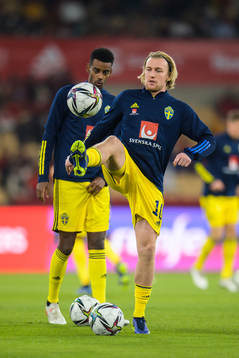 Alexander Isak and Emil Forsberg of Sweden at warm-up