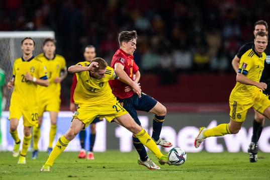 Dejan Kulusevski of Sweden and Gavi of Spain