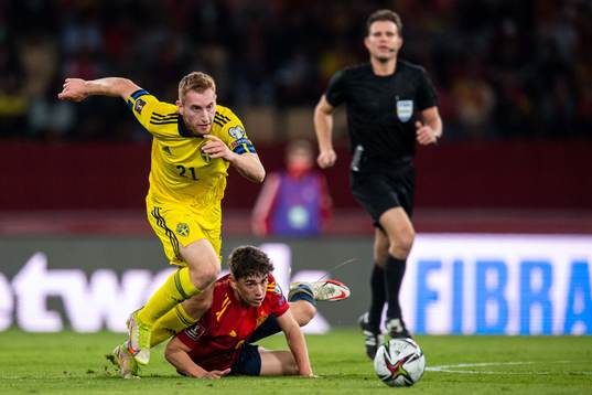 Dejan Kulusevski of Sweden and Gavi of Spain