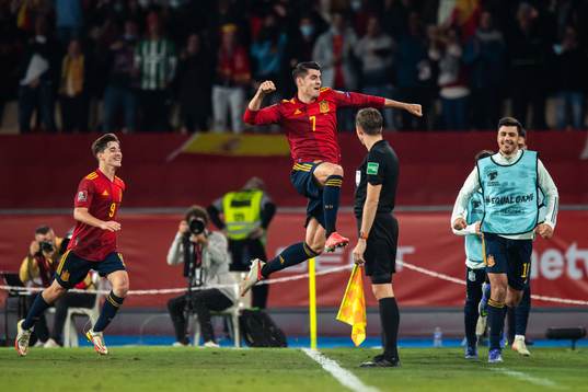 Alvaro Morata of Spain celebrate with teammates