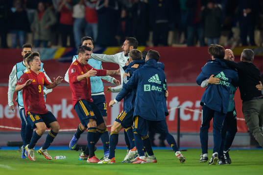 Gavi and Alvaro Morata of Spain celebrate the 1-0 goal with