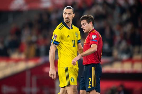 Zlatan Ibrahimovic of Sweden and Cesar Azpilicueta of Spain