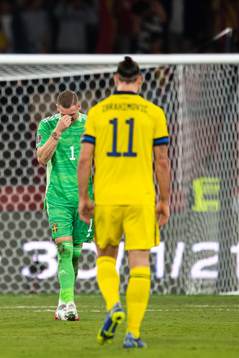 Zlatan Ibrahimovic and goalkeeper Robin Olsen of Sweden