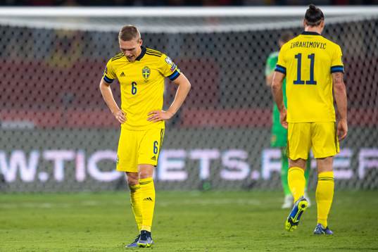 Ludwig Augustinsson and Zlatan Ibrahimovic of Sweden look