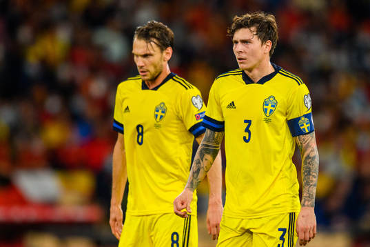 Albin Ekdal and Victor Nilsson Lindelöf of Sweden looks