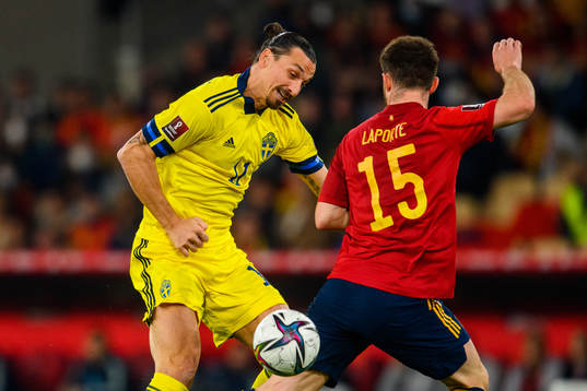 Zlatan Ibrahimovic of Sweden and Aymeric Laporte of Spain