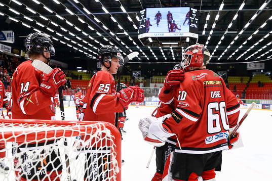 Vita Hästens spelare jublar och tackar målvakt Adam Ohre