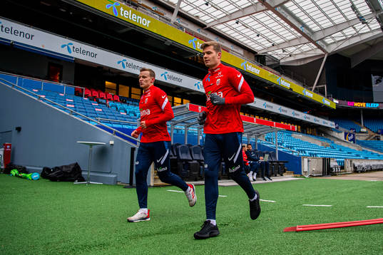 Marius Lode and Alexander Sørloth of the Norwegian