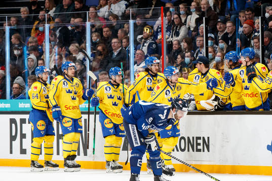 Jesper Olofsson of Sweden celebrating goal with team mates