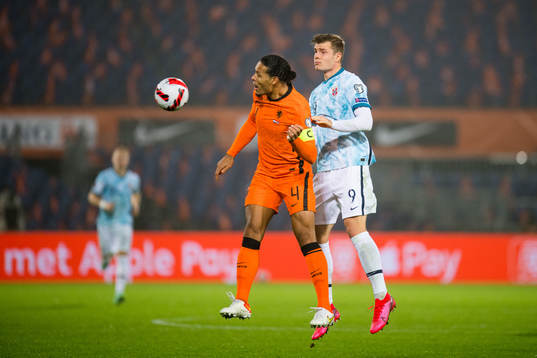 Virgil van Dijk of Netherlands and Alexander Sørloth of