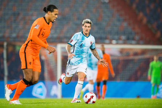 Virgil van Dijk of Netherlands and Mathias Normann of Norway