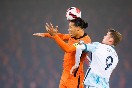 Virgil van Dijk of Netherlands and Alexander Sørloth of
