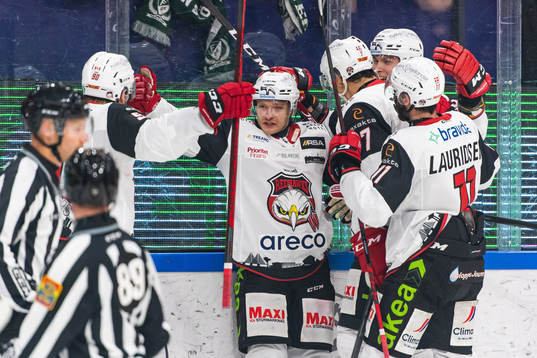 Malmö Redhawks Johan Olofsson jublar med lagkamrater