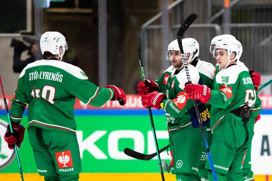 Ludvig Larsson of Rögle celebrate with teammates