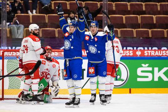 Martin Karlsson of Leksand celebrate with teammates