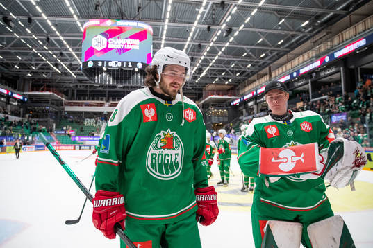 Dennis Everberg and goalkeeper Calle Clang  of Rögle