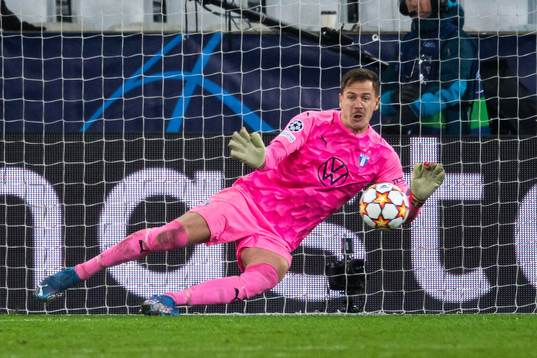 Goalkeeper Johan Dahlin of Malmö FF saves a penalty from