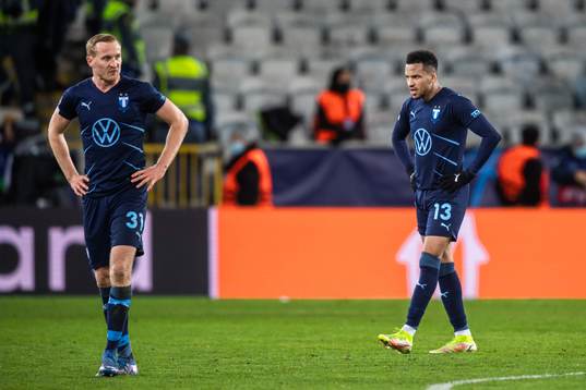 Franz Brorsson and Martin Olsson of Malmö FF look dejected