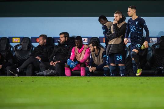 Lasse Nielsen and Veljko Birmancevic of Malmö FF look