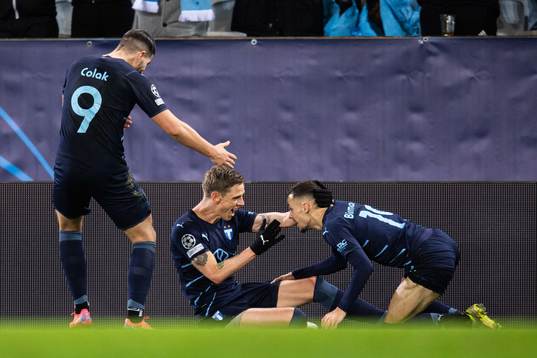 Sören Rieks of Malmö FF celebrate with teammates