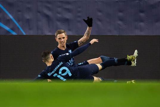 Sören Rieks of Malmö FF celebrate with Veljko Birmancevic