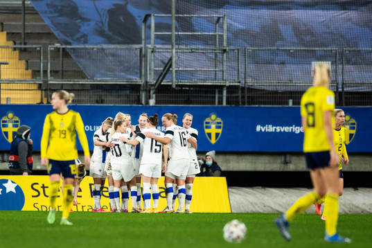 Linda Sällström of Finland celebrates scoring 1-1
