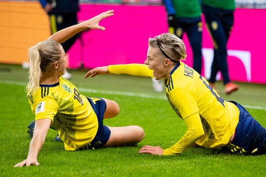 Lina Hurtig of Sweden celebrates scoring 2-1 with team mate
