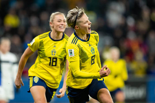 Lina Hurtig of Sweden celebrates scoring 2-1
