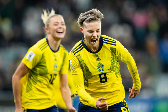 Lina Hurtig of Sweden celebrates scoring 2-1