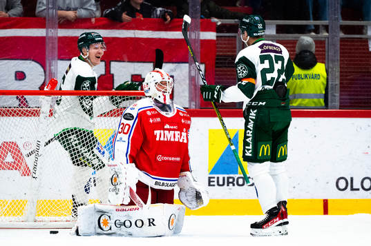 Färjestads Gustav Rydahl och Per Åslund jublar